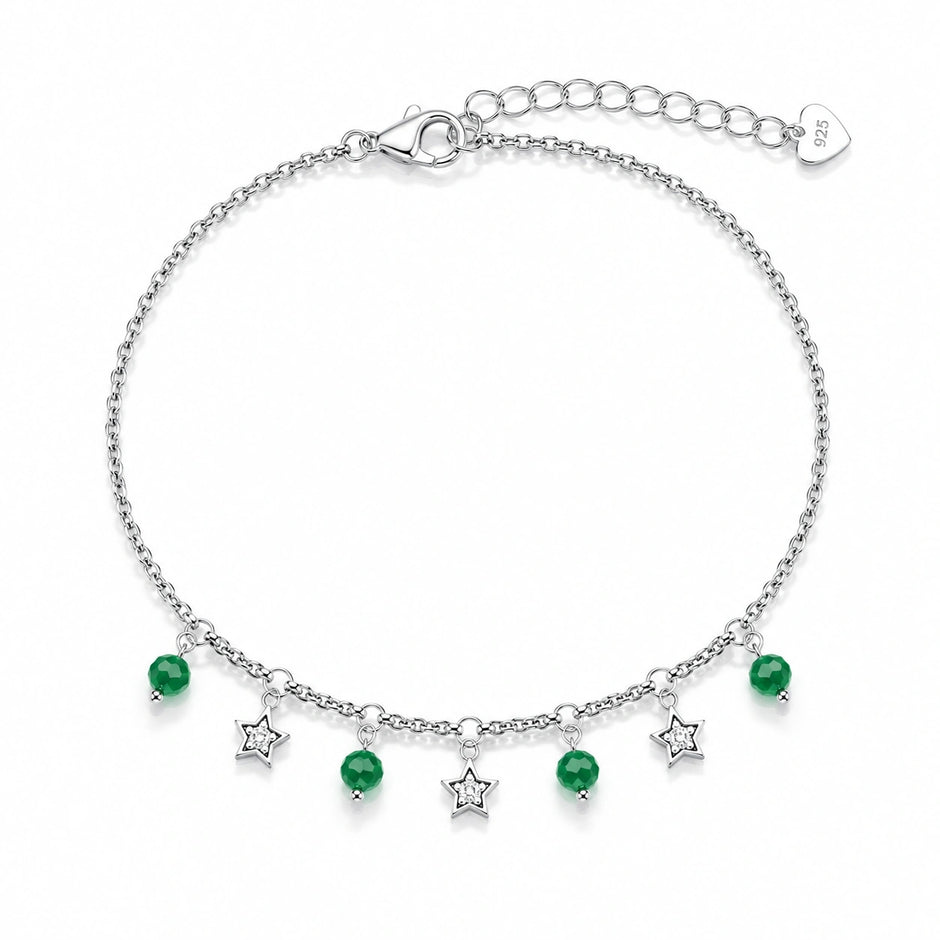 925 Sterling Silver Green Bead & Star Charm Bracelet for Women