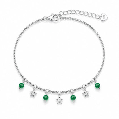 925 Sterling Silver Green Bead & Star Charm Bracelet for Women