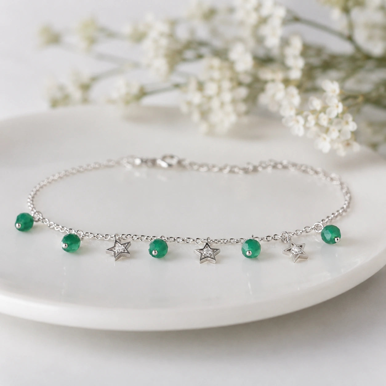 925 Sterling Silver Green Bead & Star Charm Bracelet for Women