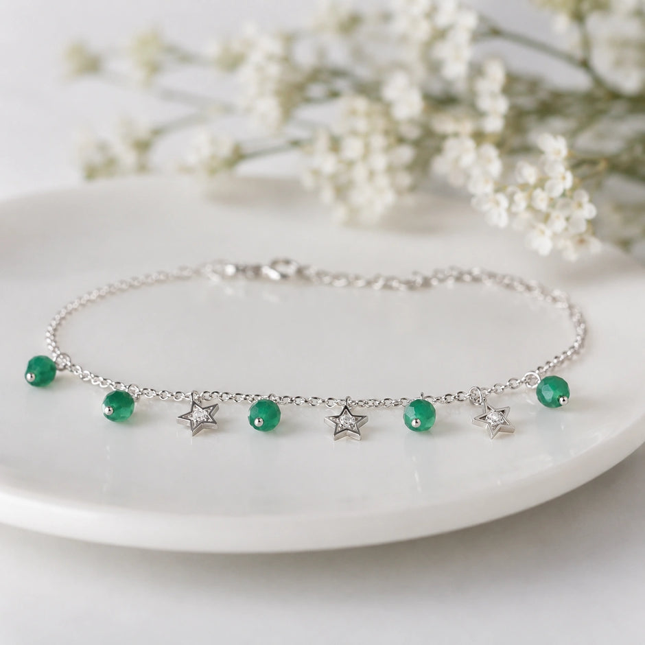 925 Sterling Silver Green Bead & Star Charm Bracelet for Women