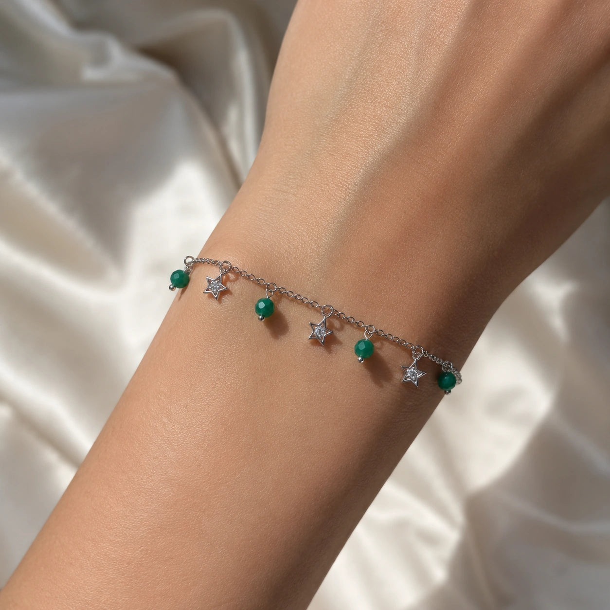 925 Sterling Silver Green Bead & Star Charm Bracelet for Women