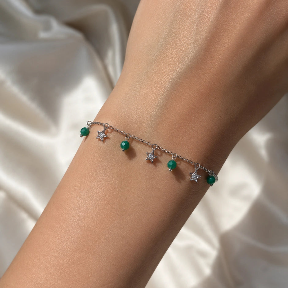 925 Sterling Silver Green Bead & Star Charm Bracelet for Women
