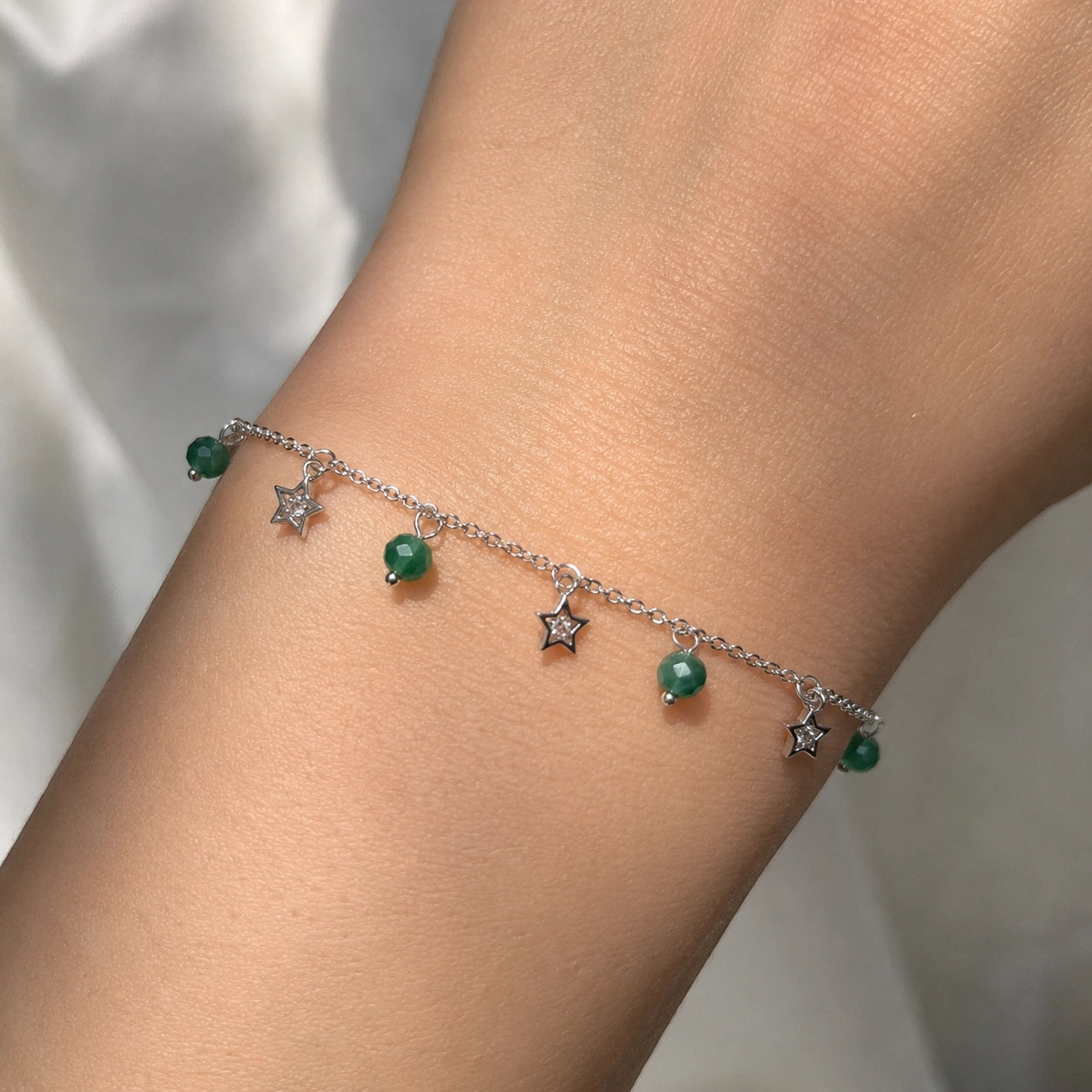 925 Sterling Silver Green Bead & Star Charm Bracelet for Women