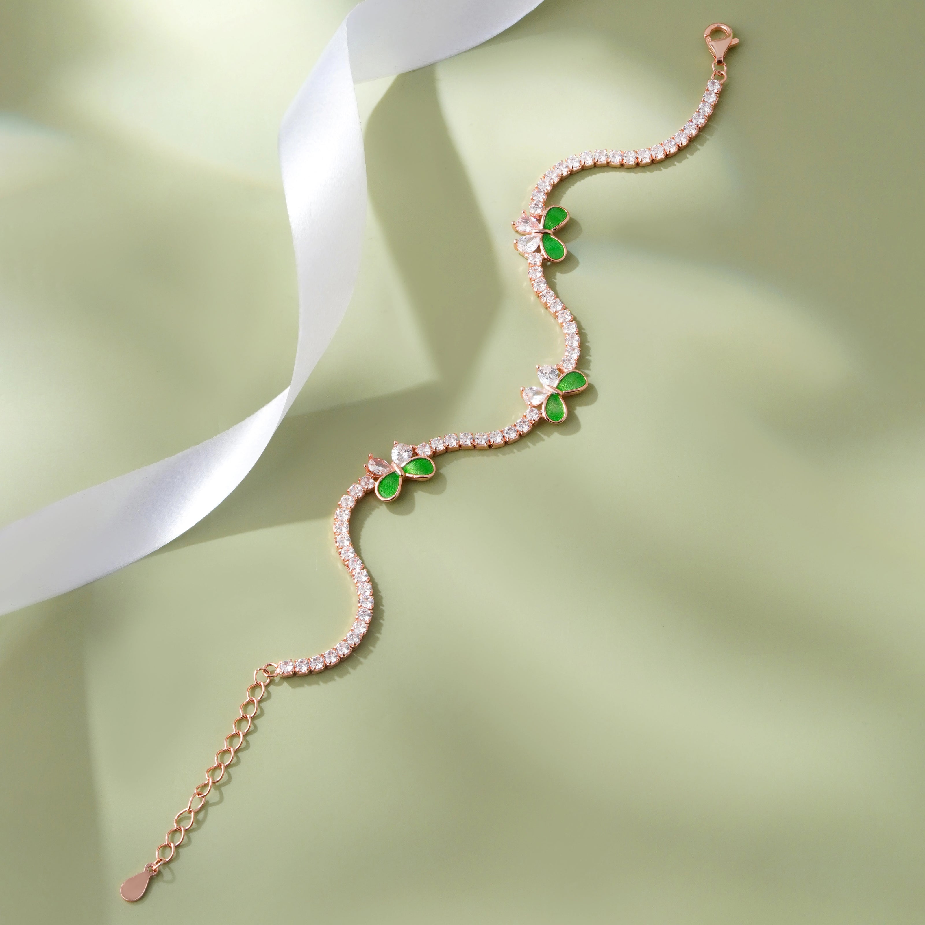 Green Butterfly Diamond Adjustable Rose Gold Bracelet for Women