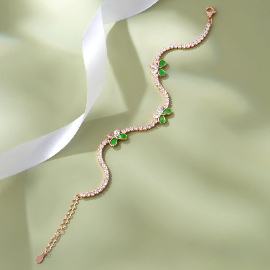 Green Butterfly Diamond Adjustable Rose Gold Bracelet for Women