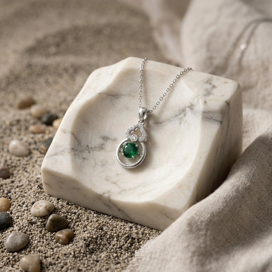 Green Stone Diamond 925 Sterling Silver Pendant Chain for Women