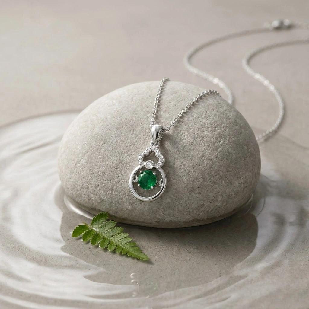 Green Stone Diamond 925 Sterling Silver Pendant Chain for Women