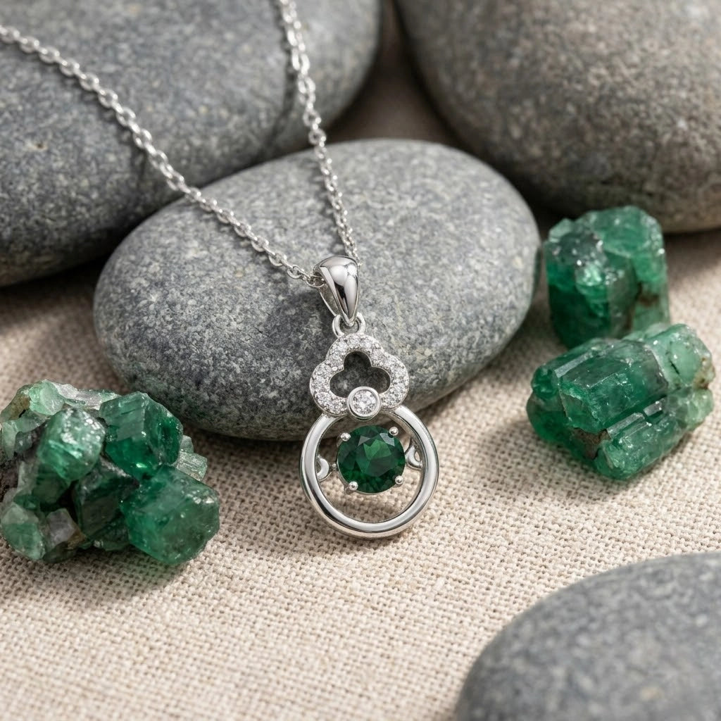 Green Stone Diamond 925 Sterling Silver Pendant Chain for Women