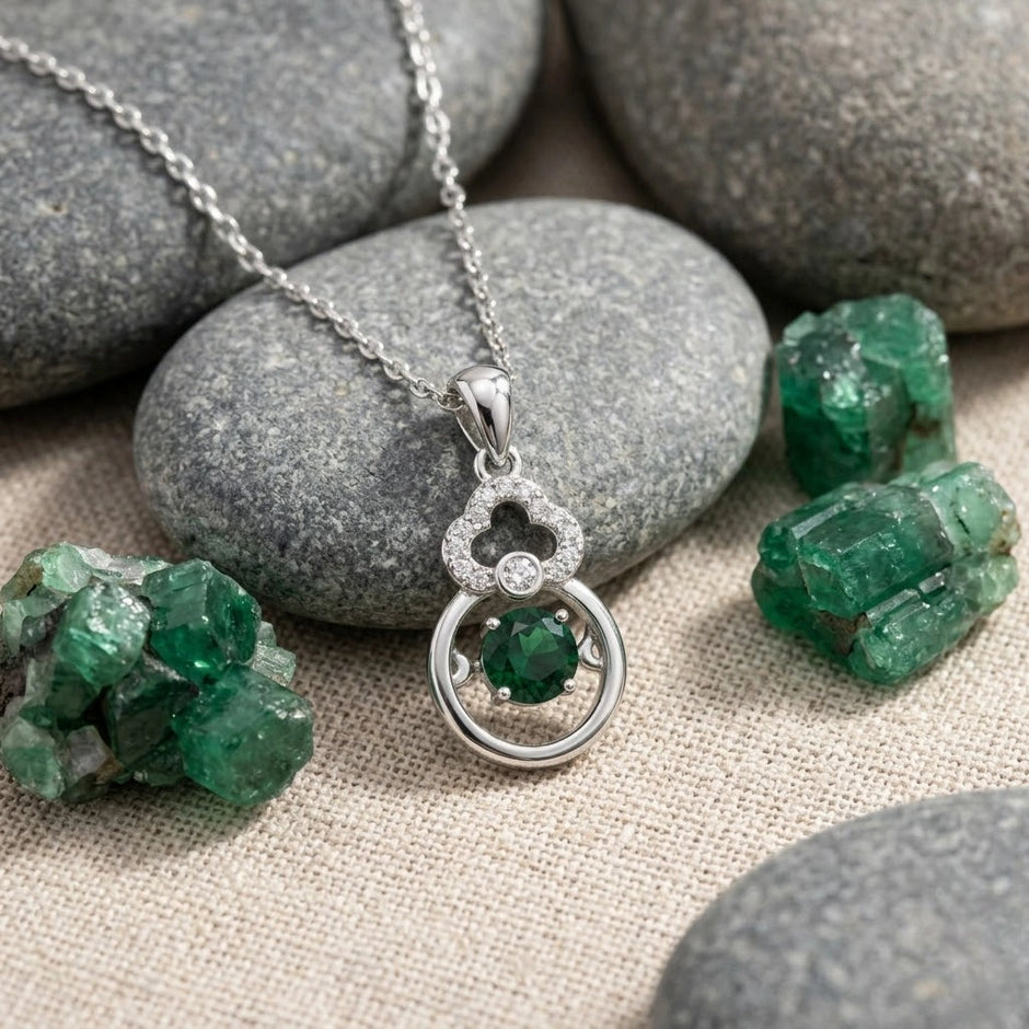 Green Stone Diamond 925 Sterling Silver Pendant Chain for Women