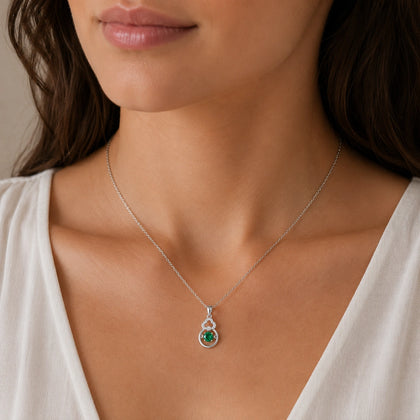 925 Sterling Silver Emerald Green Round Solitaire Pendant Necklace for Women with Clover Accent and Cubic Zirconia