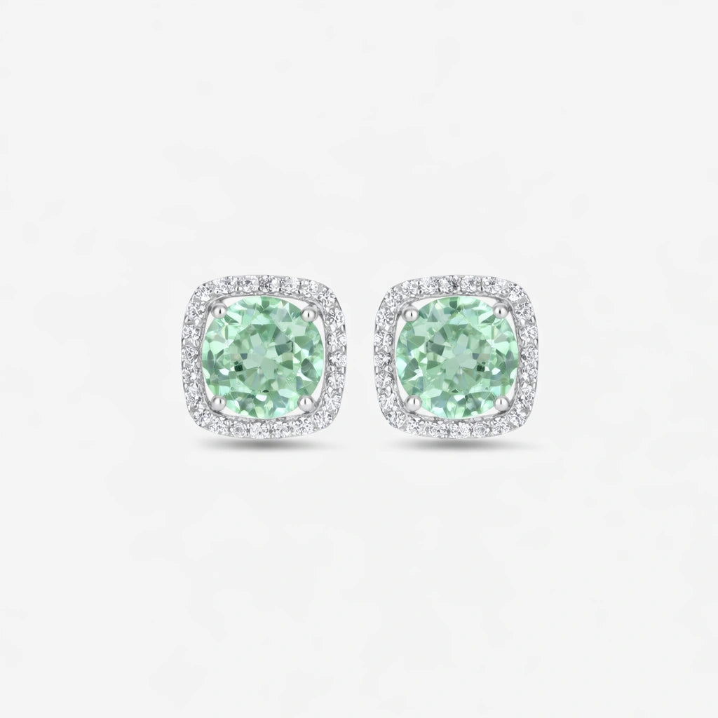 Green Stone White Diamond Halo Stud Earrings