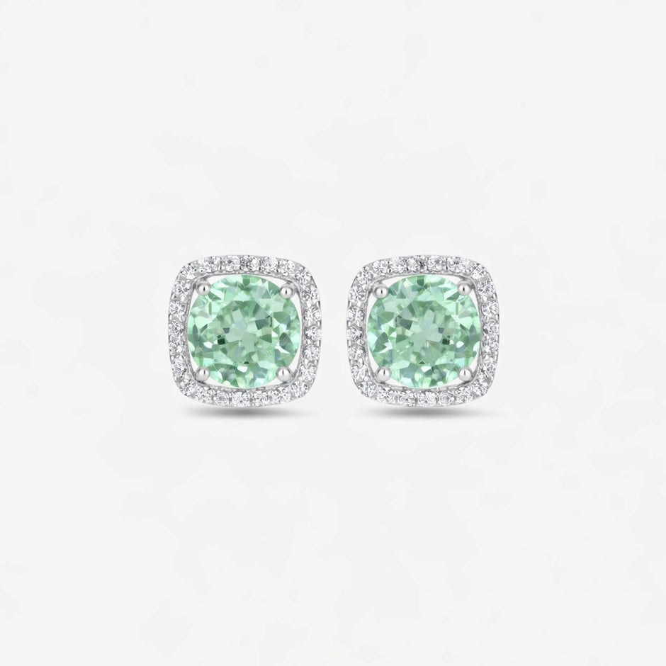Green Stone White Diamond Halo Stud Earrings