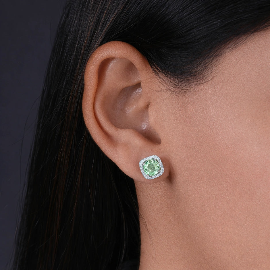 Green Stone White Diamond Halo Stud Earrings