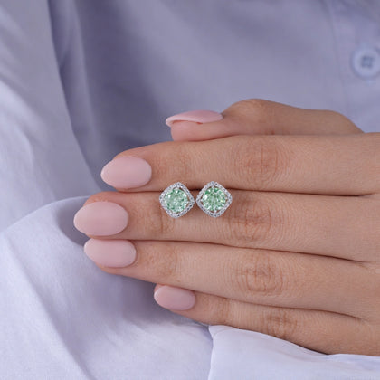 Green Stone White Diamond Halo Stud Earrings