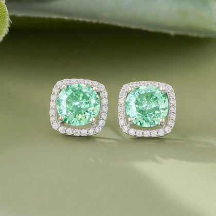 Green Stone White Diamond Halo Stud Earrings