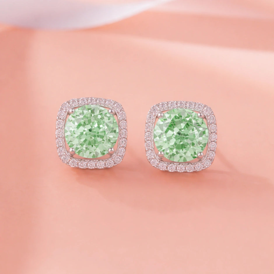 Green Stone White Diamond Halo Stud Earrings