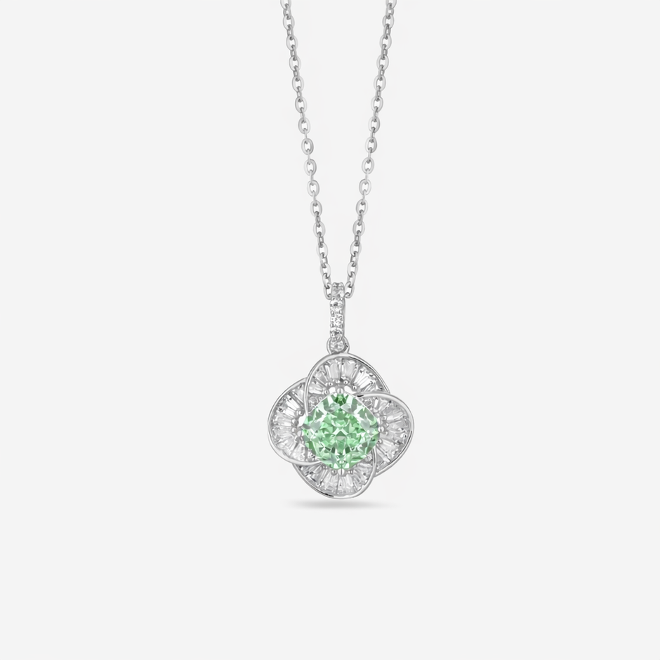 Green Cushion Diamond Floral Halo 925 Sterling Silver Pendant Necklace for Women