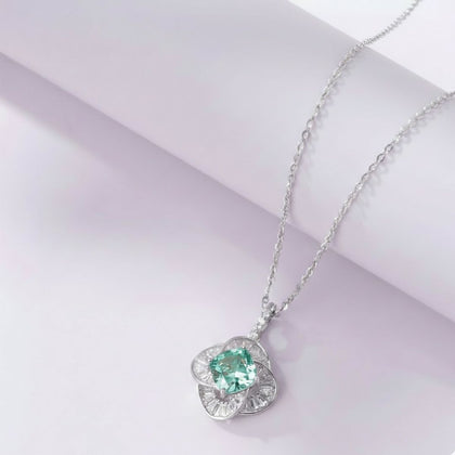Green Cushion Diamond Floral Halo 925 Sterling Silver Pendant Necklace for Women