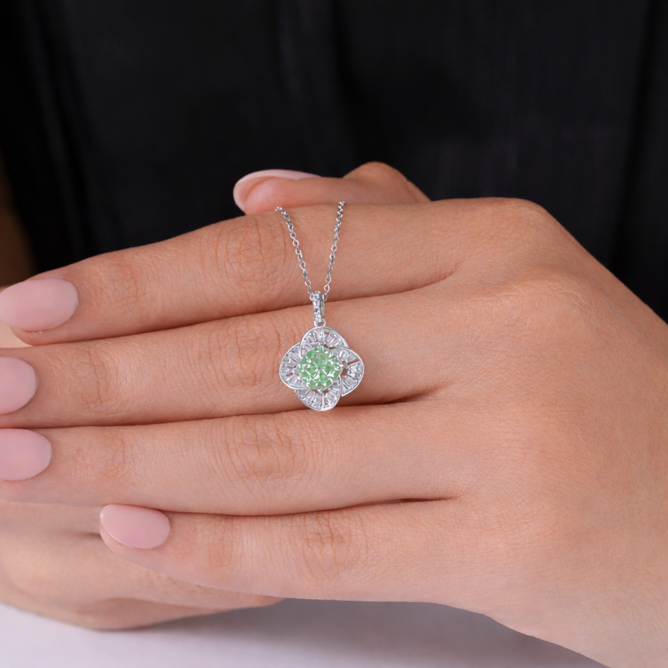 Green Cushion Diamond Floral Halo 925 Sterling Silver Pendant Necklace for Women