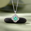 Green Cushion Diamond Floral Halo 925 Sterling Silver Pendant Necklace for Women