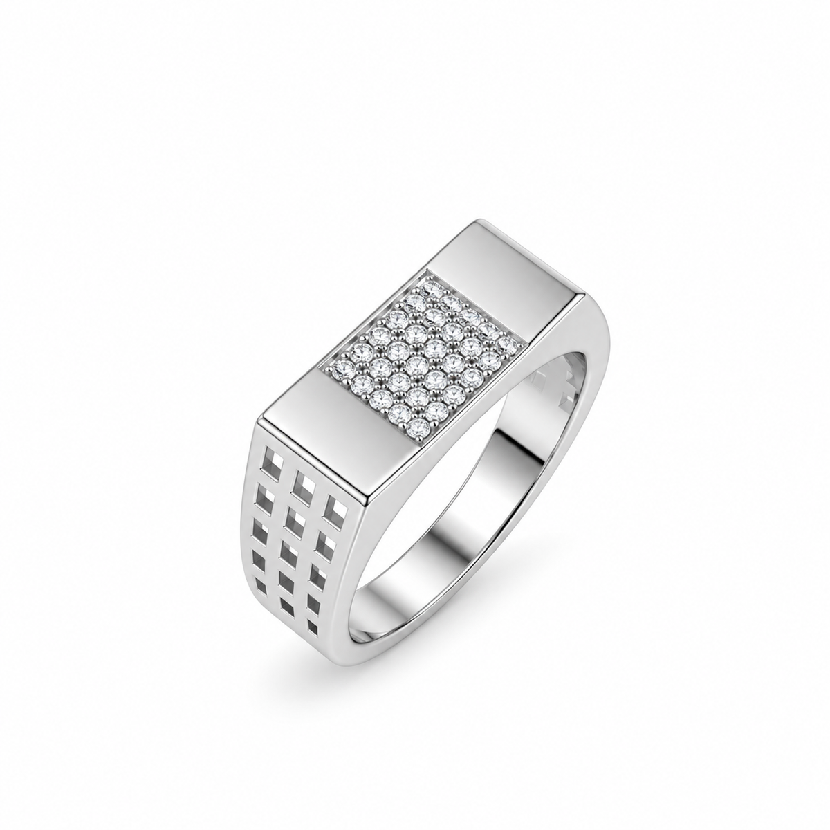 Silver ring with a rectangular stone-studded face and square lattice cutout band.