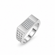 Silver ring with a rectangular stone-studded face and square lattice cutout band.