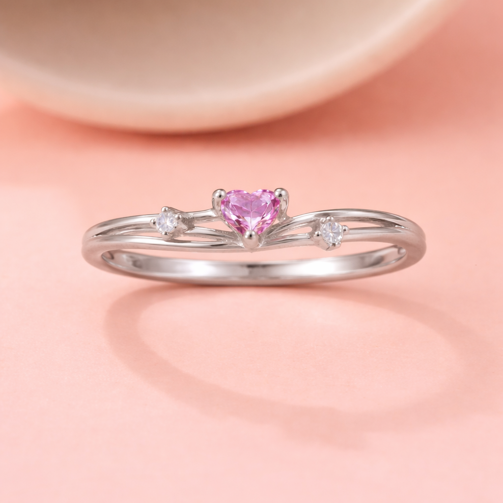 Heart Cut Pink CZ Ring on Hand