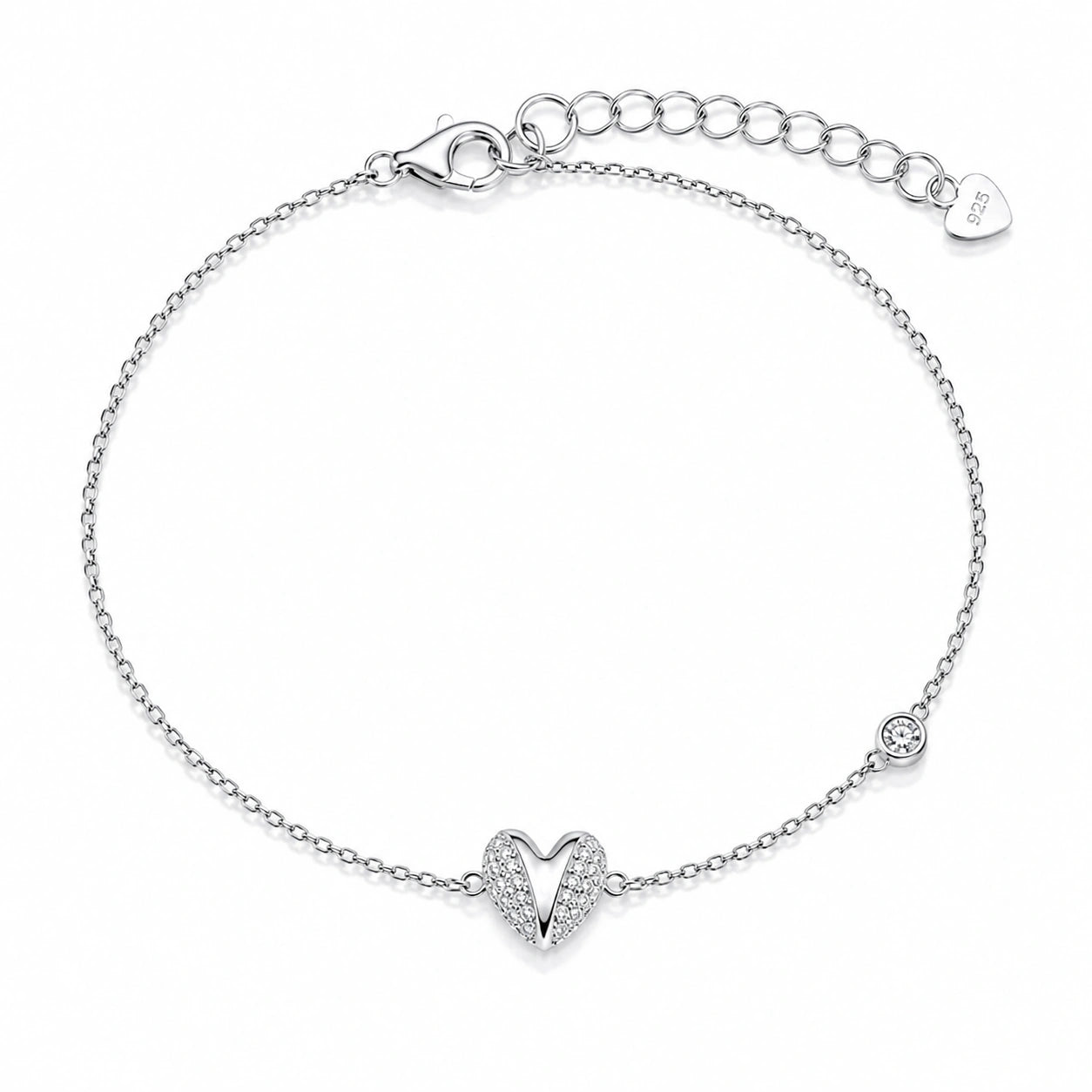 Heart Charm 925 Sterling Silver Bracelet for Women