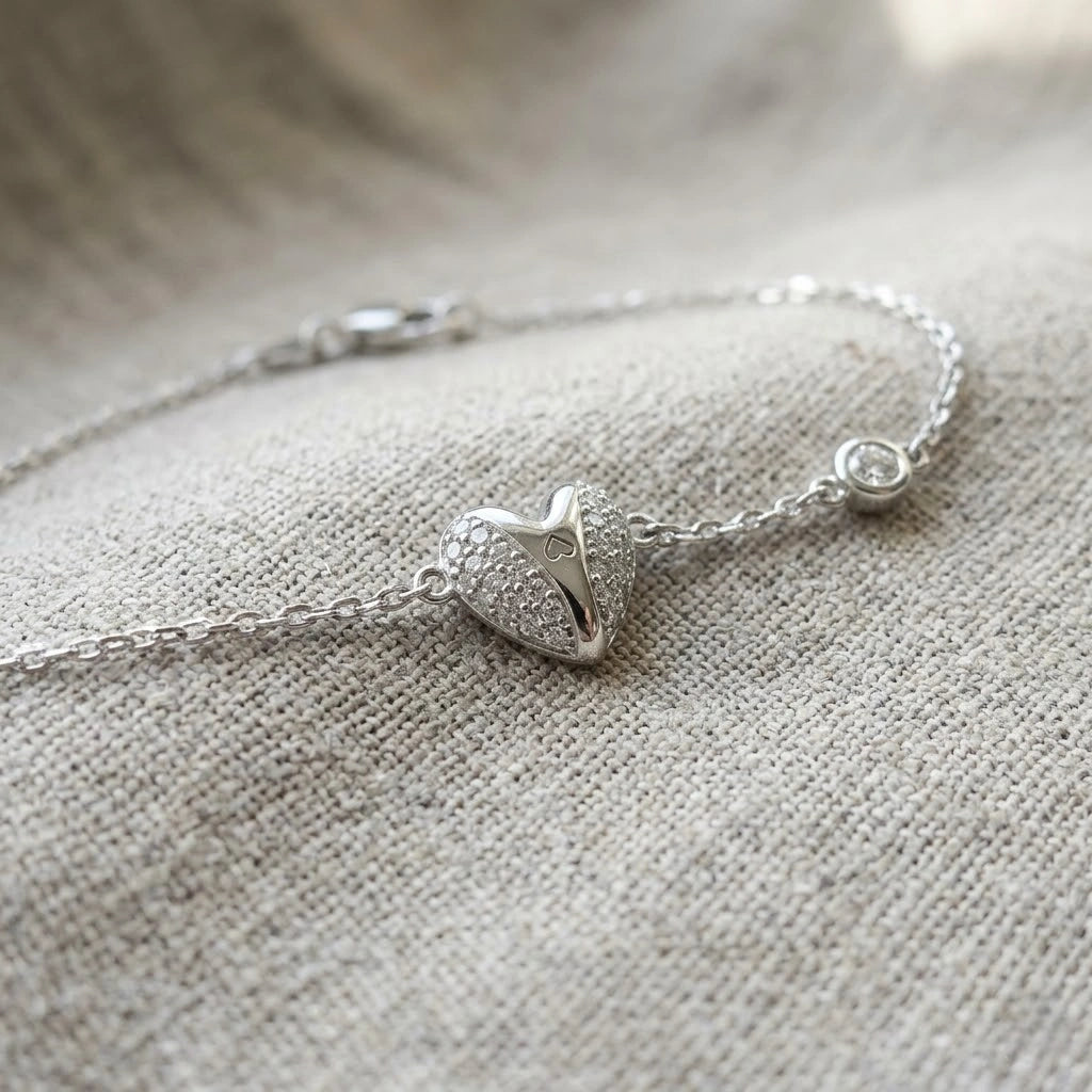 Heart Charm 925 Sterling Silver Bracelet for Women