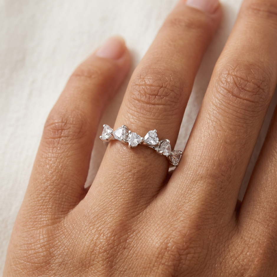 925 Sterling Silver Five Heart CZ Diamond Ring for Women