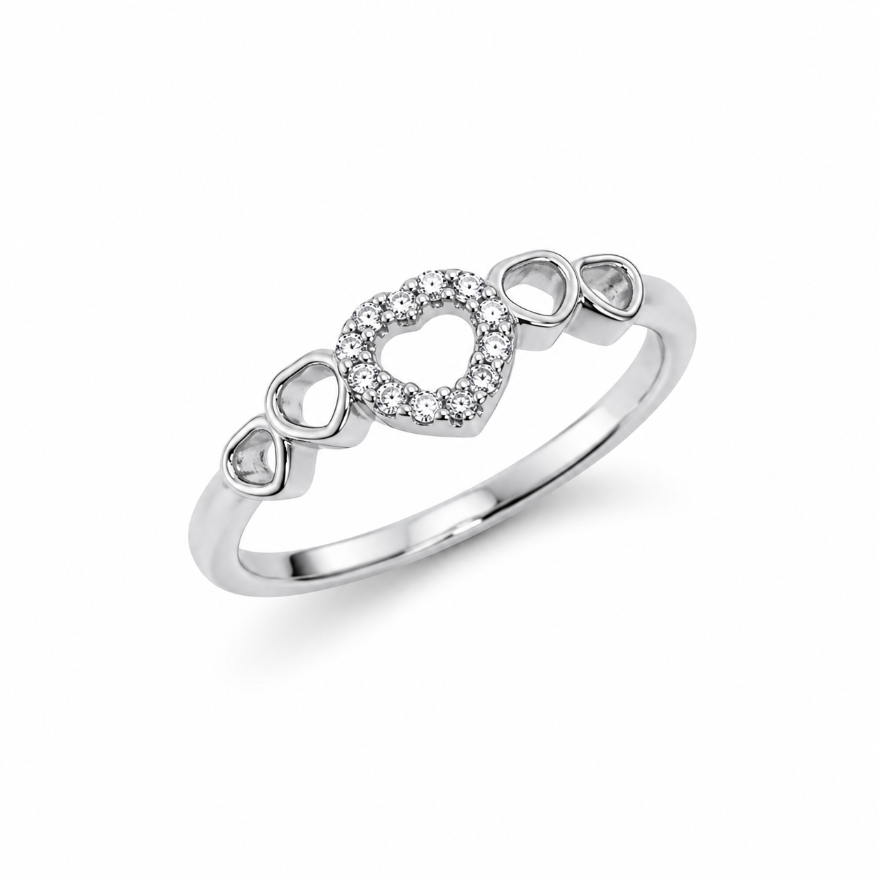 925 Sterling Silver Open Heart CZ Ring with Triple Heart Accents.
