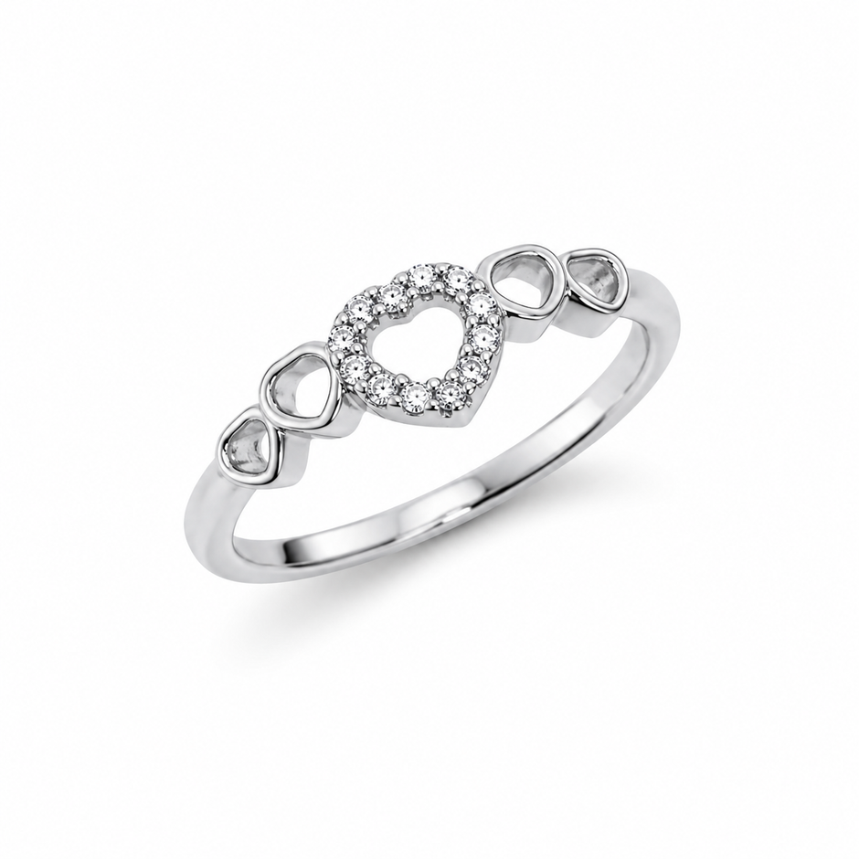 925 Sterling Silver Open Heart CZ Ring with Triple Heart Accents.