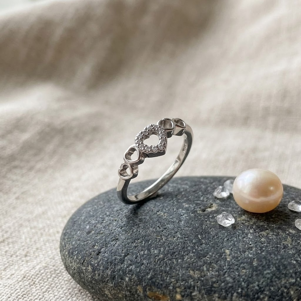 925 Sterling Silver Open Heart CZ Ring with Triple Heart Accents.