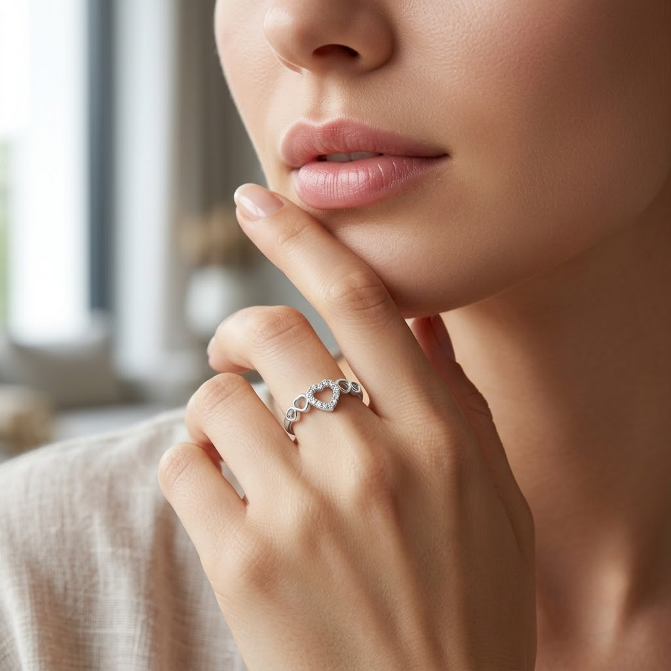 925 Sterling Silver Open Heart CZ Ring with Triple Heart Accents.