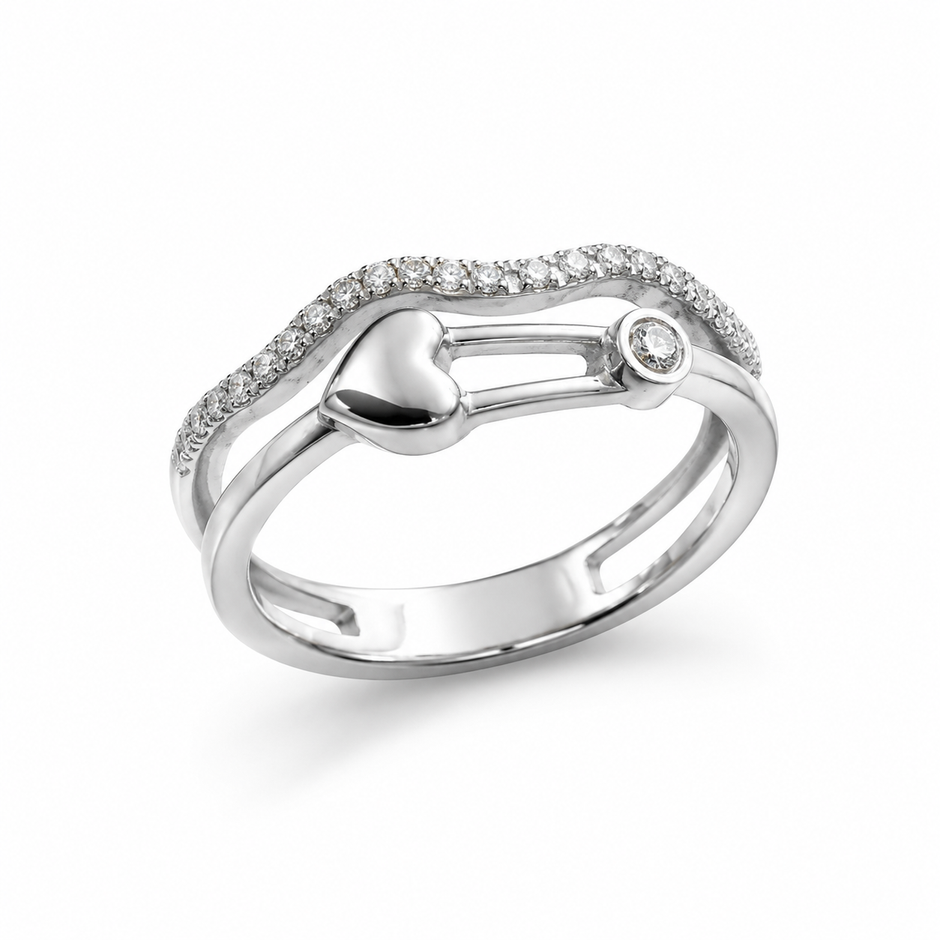 925 Sterling Silver Heart Link Promise Ring with Pavé CZ Wave Band