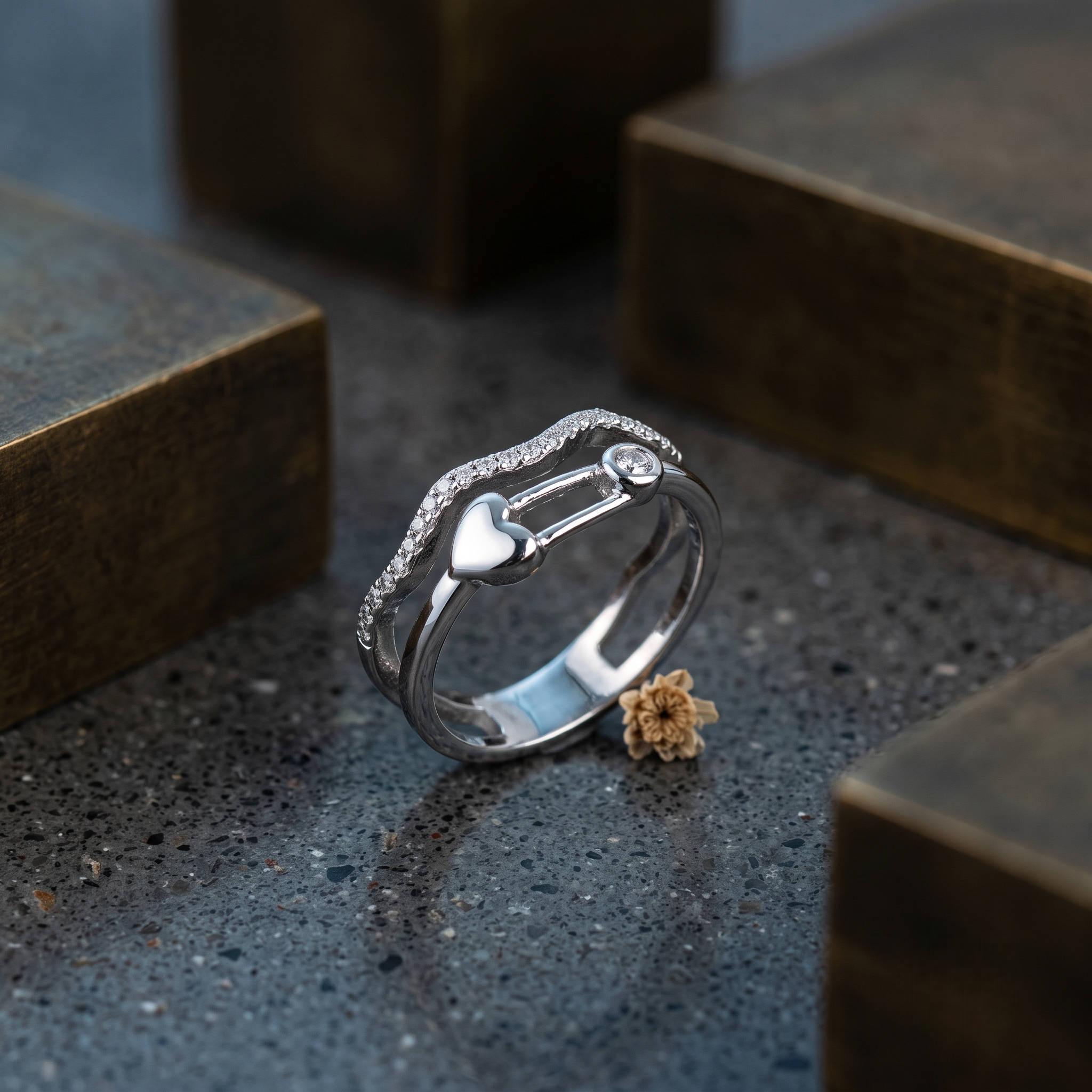 925 Sterling Silver Heart Link Promise Ring with Pavé CZ Wave Band