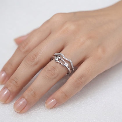 925 Sterling Silver Heart Link Promise Ring with Pavé CZ Wave Band