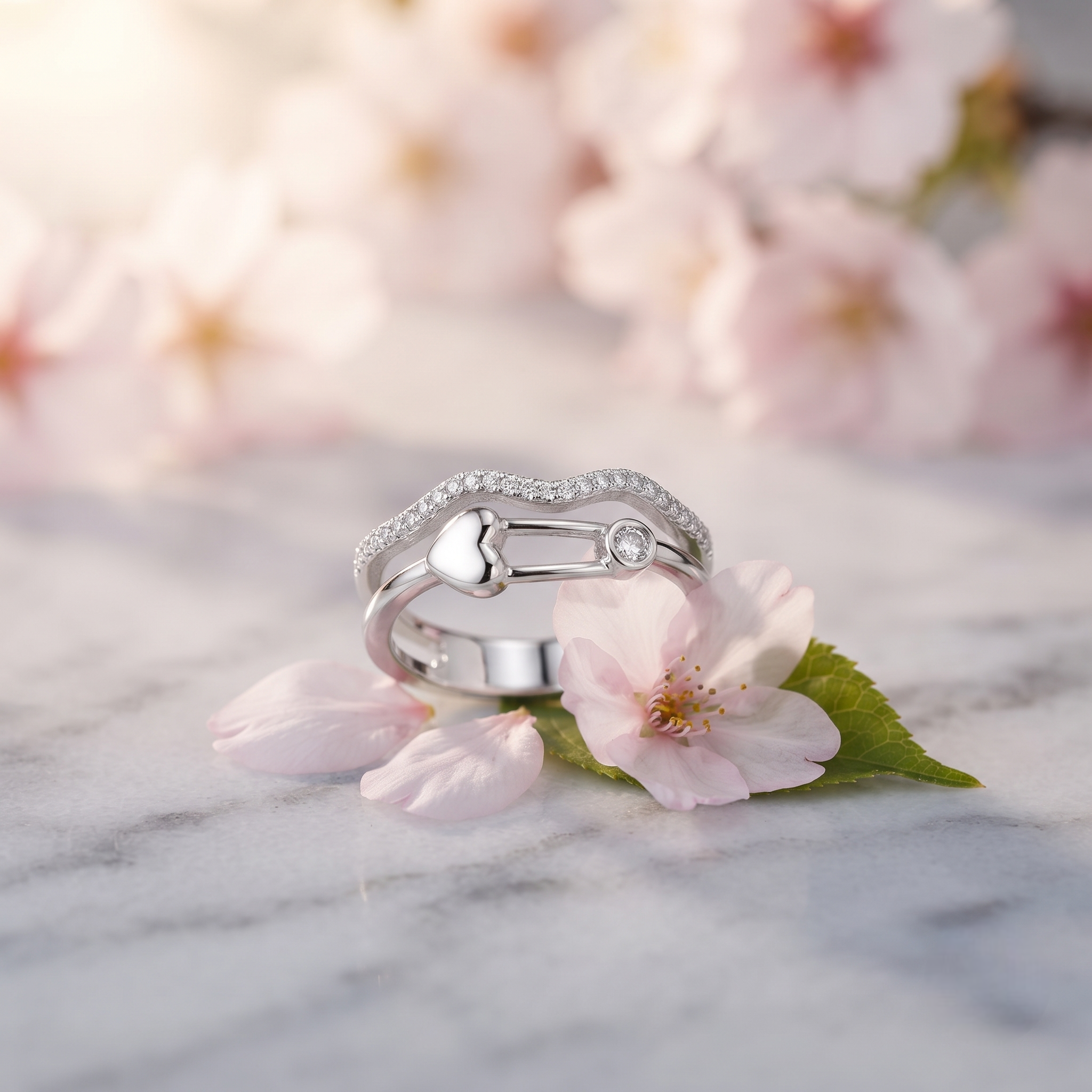 925 Sterling Silver Heart Link Promise Ring with Pavé CZ Wave Band