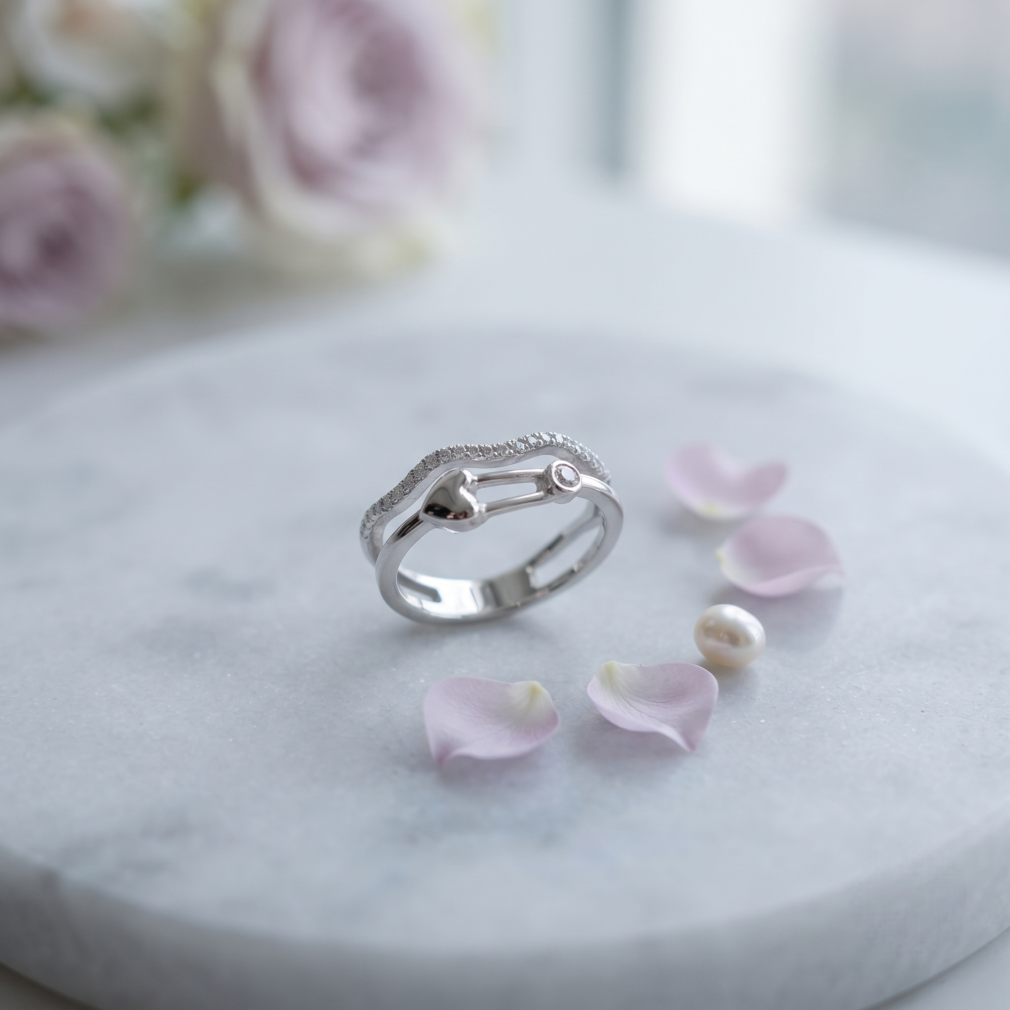 925 Sterling Silver Heart Link Promise Ring with Pavé CZ Wave Band