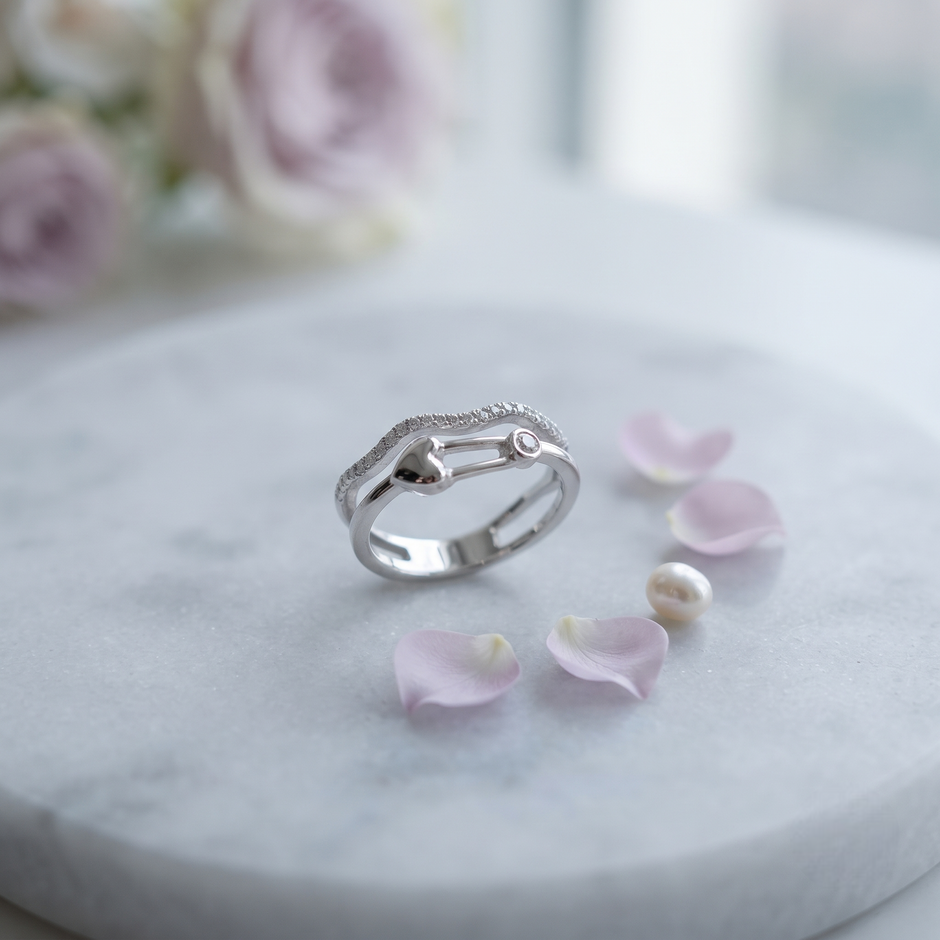 925 Sterling Silver Heart Link Promise Ring with Pavé CZ Wave Band