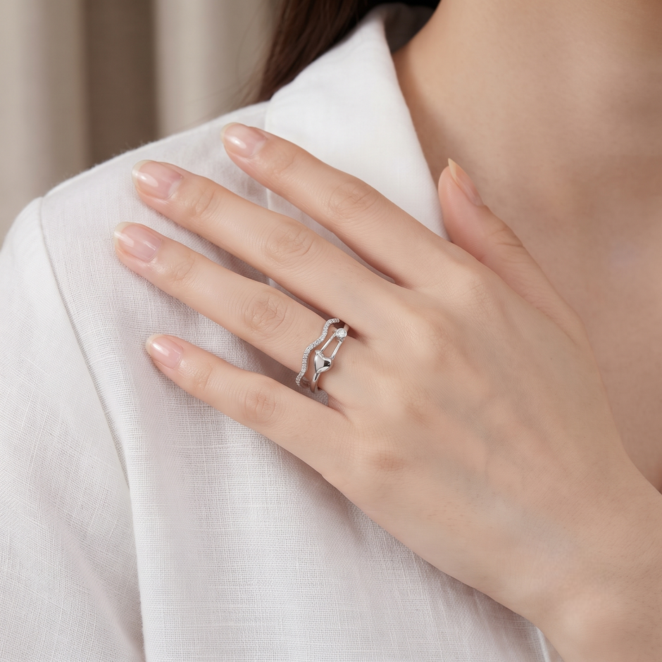 925 Sterling Silver Heart Link Promise Ring with Pavé CZ Wave Band