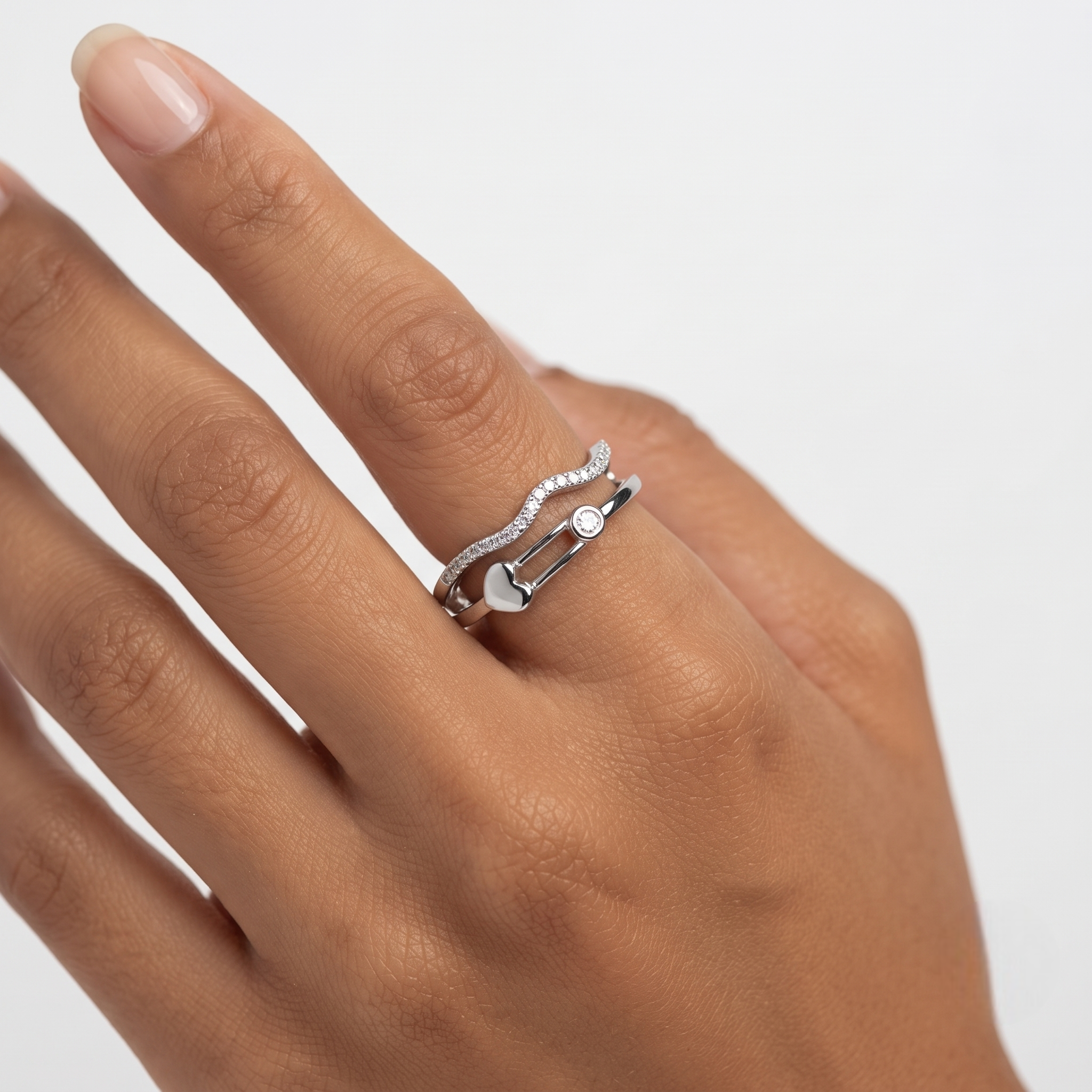 925 Sterling Silver Heart Link Promise Ring with Pavé CZ Wave Band