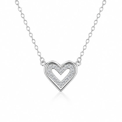 925 Sterling Silver Double Heart Necklace for Women with Pavé Cubic Zirconia Open Heart Pendant