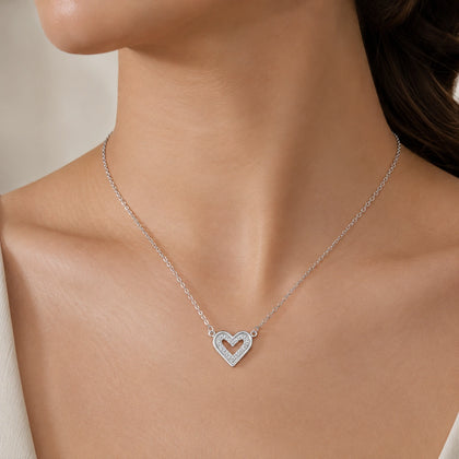 925 Sterling Silver Double Heart Necklace for Women with Pavé Cubic Zirconia Open Heart Pendant
