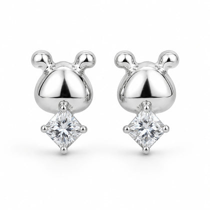 925 Sterling Silver Cute Bear Stud Earrings with Princess Cut Cubic Zirconia for Women & Girls