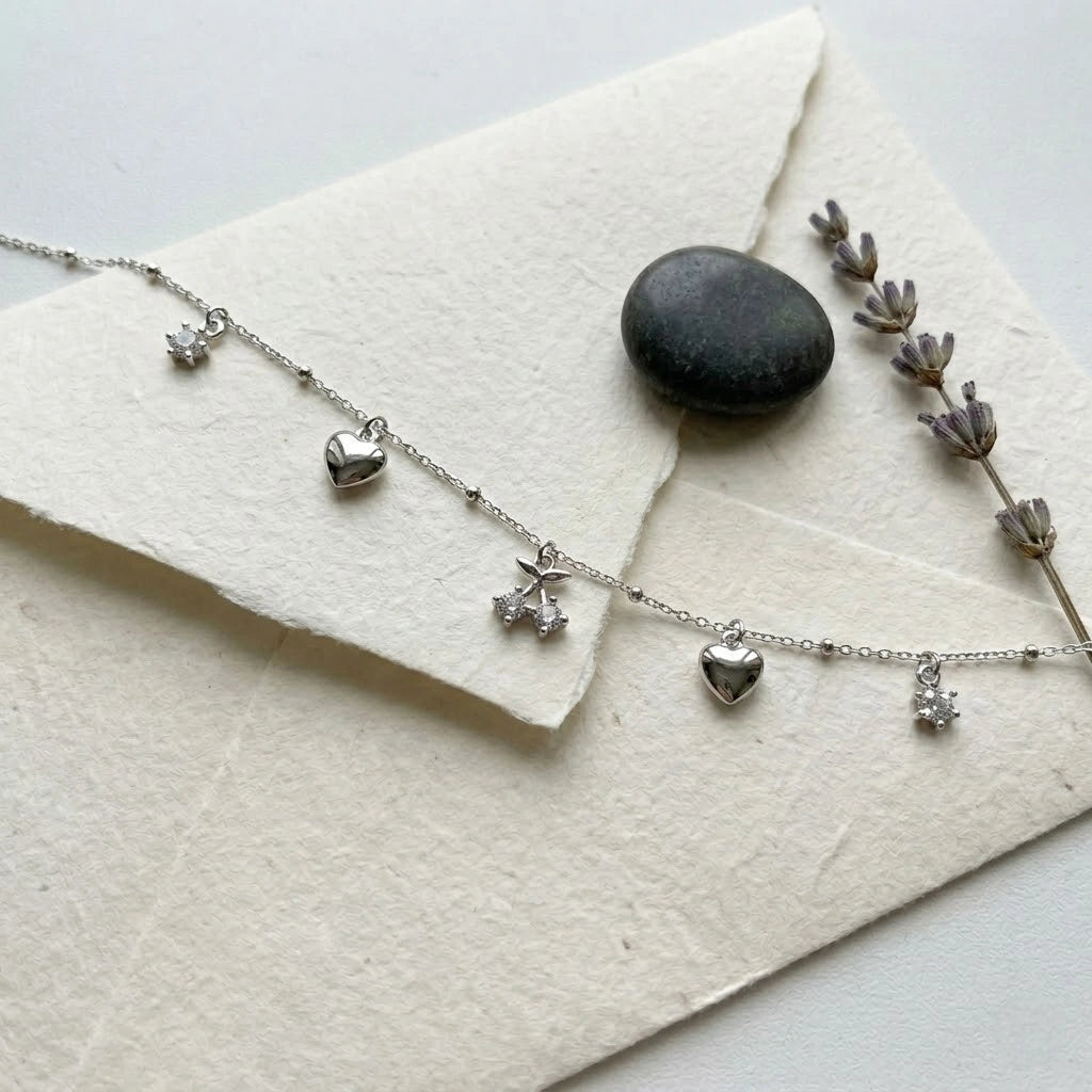 Heart & Crystal Charm 925 Sterling Silver Bracelet for Women