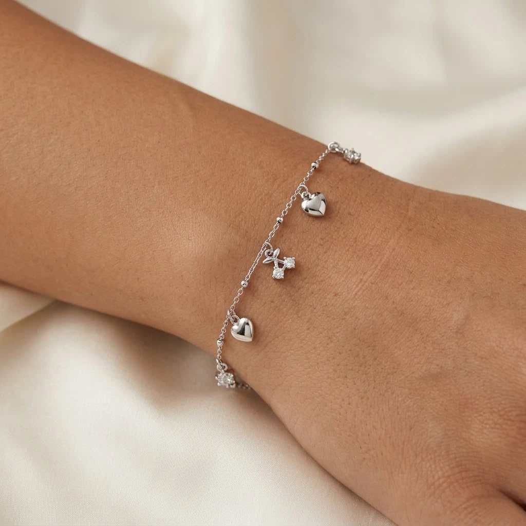 Heart & Crystal Charm 925 Sterling Silver Bracelet for Women