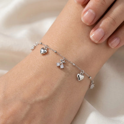 925 Sterling Silver Heart & Cherry Charm Bracelet for Women