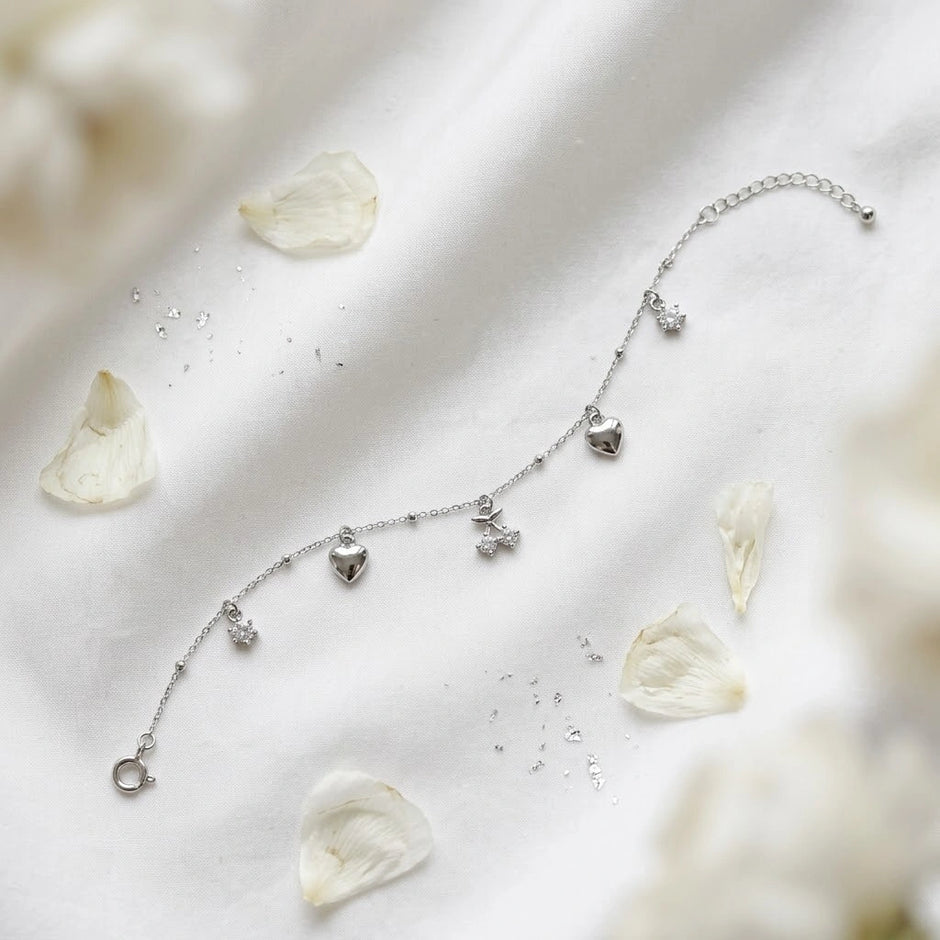 Heart & Crystal Charm 925 Sterling Silver Bracelet for Women
