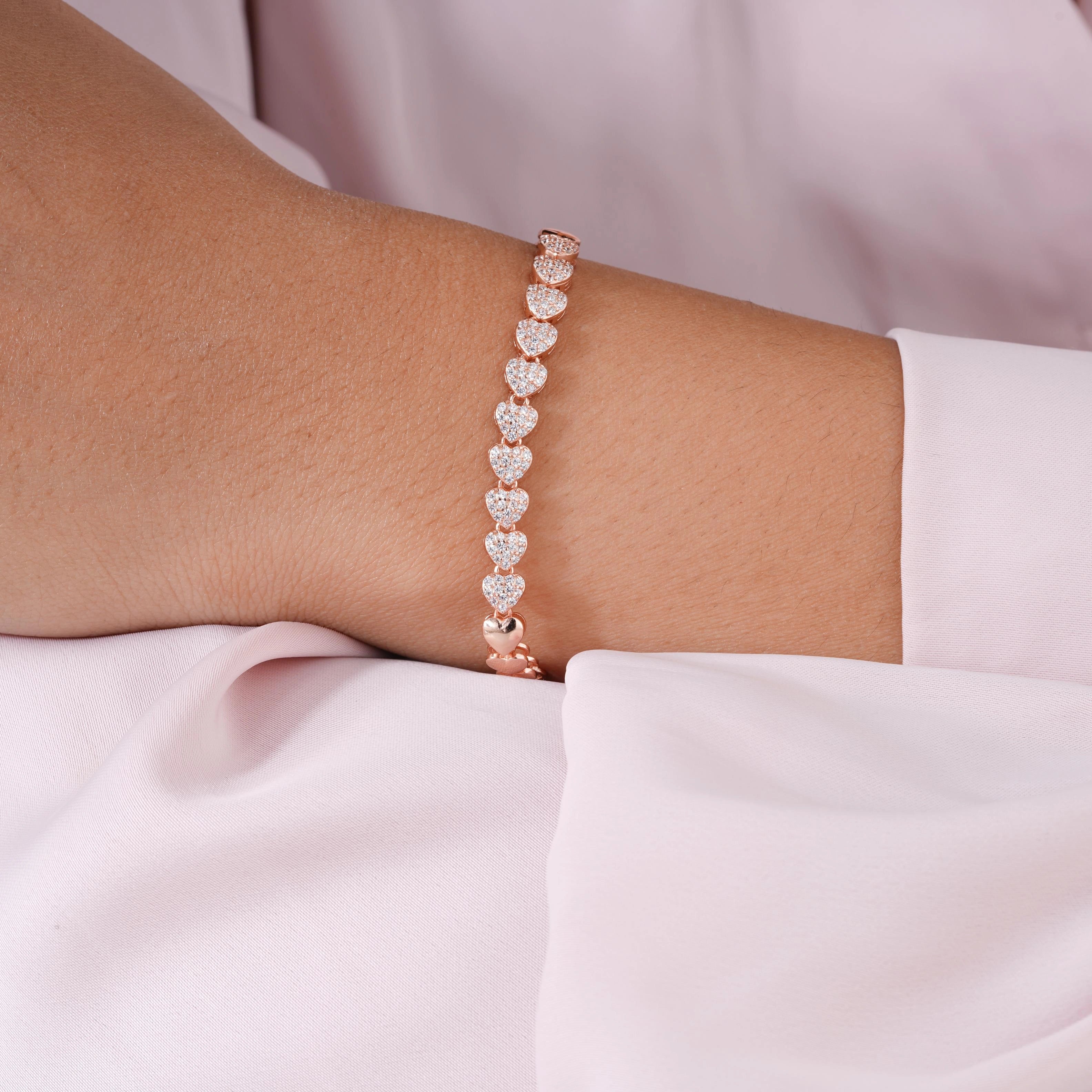 Heart Tennis Diamond Adjustable Rose Gold Bracelet for Women